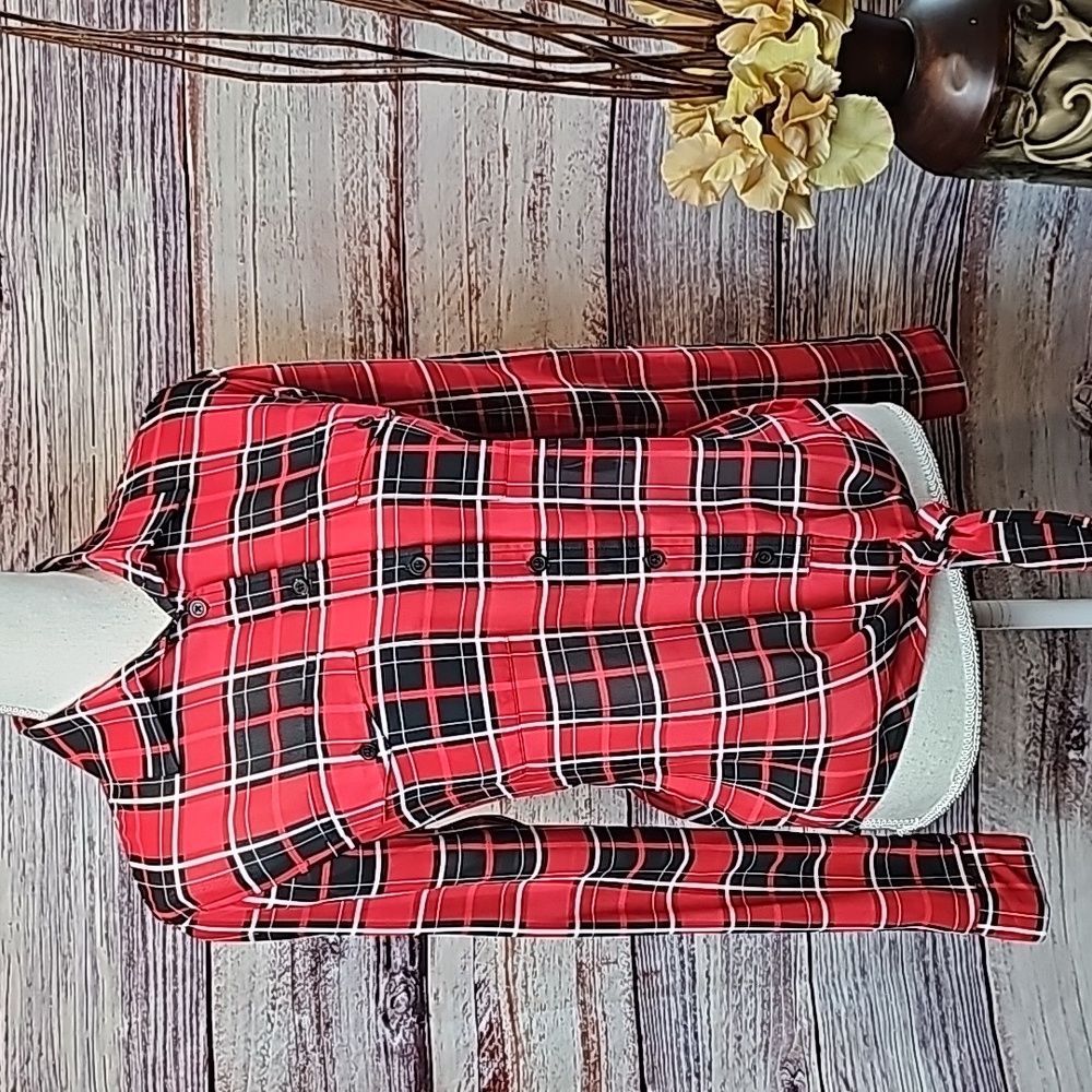 NEW MICHAEL KORS RED & BLACK PLAID SHEER LONG SLEEVE TIE FRONT BUTTON-UP BLOUSE